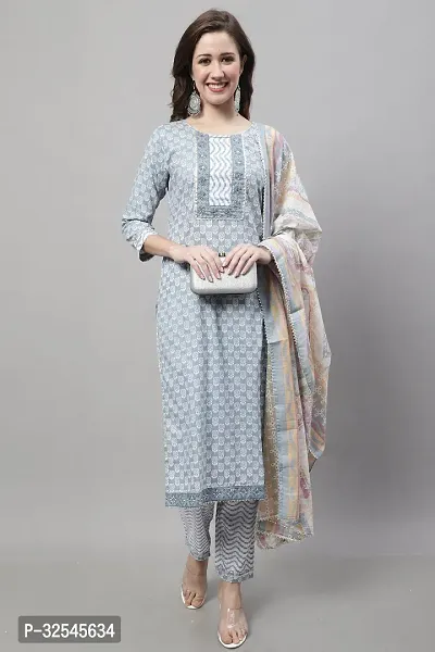 Stylish Grey Cotton Printed Kurta Bottom and Dupatta Set For Women-thumb5