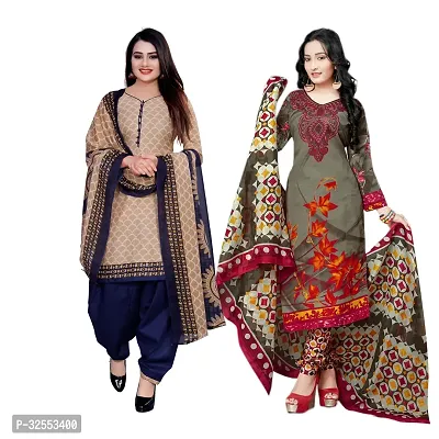 Designer Multicoloured Cotton Unstitched Dress Material Top With Bottom Wear And Dupatta Set For Women Pack Of 2-thumb0