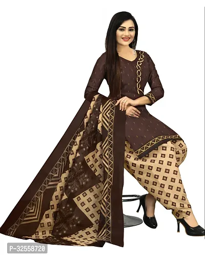 Elegant Brown Cotton Blend Printed Dress Material with Dupatta For Women-thumb4