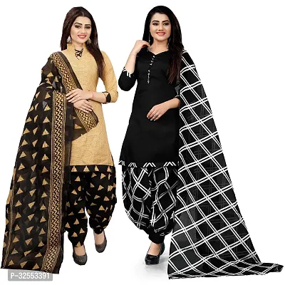 Designer Multicoloured Cotton Unstitched Dress Material Top With Bottom Wear And Dupatta Set For Women Pack Of 2-thumb0