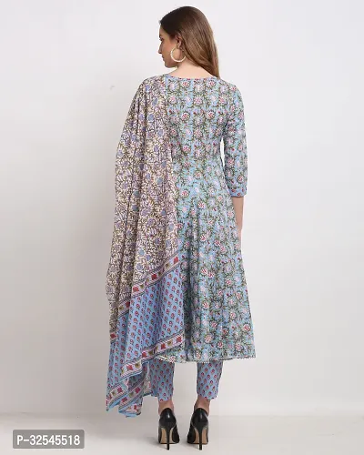 Stylish Blue Cotton Printed Kurta Bottom and Dupatta Set For Women-thumb2