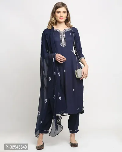 Stylish Navy Blue Cotton Embroidered Kurta Bottom and Dupatta Set For Women-thumb5