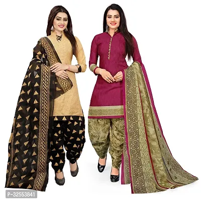 Designer Multicoloured Cotton Unstitched Dress Material Top With Bottom Wear And Dupatta Set For Women Pack Of 2-thumb0