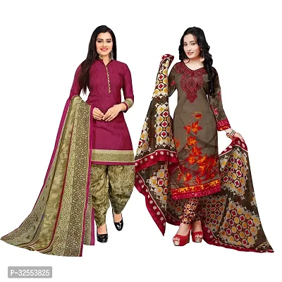 Designer Multicoloured Cotton Unstitched Dress Material Top With Bottom Wear And Dupatta Set For Women Pack Of 2-thumb0