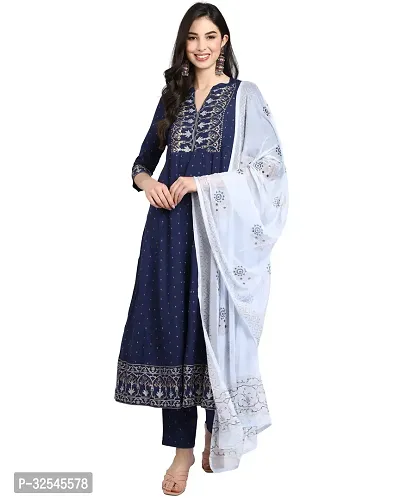 Stylish Navy Blue Rayon Embroidered Kurta Bottom and Dupatta Set For Women-thumb0