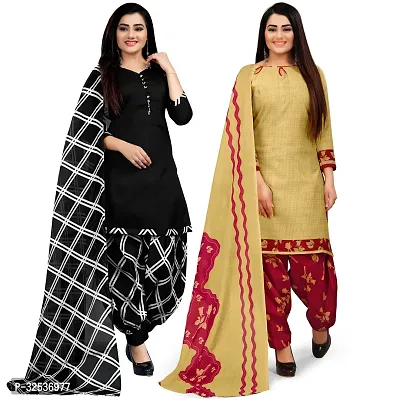 Stylish Multicoloured Cotton Printed Dress Material with Dupatta For Women Pack Of 2-thumb0