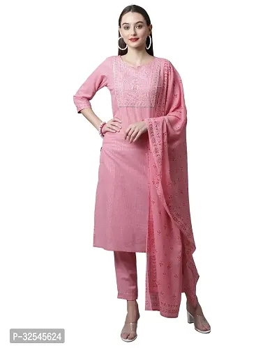 Stylish Pink Cotton Embroidered Kurta Bottom and Dupatta Set For Women-thumb0