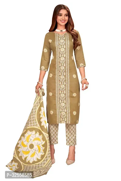 Elegant Beige Cotton Blend Printed Dress Material with Dupatta For Women-thumb0