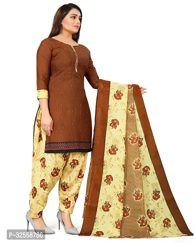 Elegant Brown Cotton Blend Printed Dress Material with Dupatta For Women-thumb4