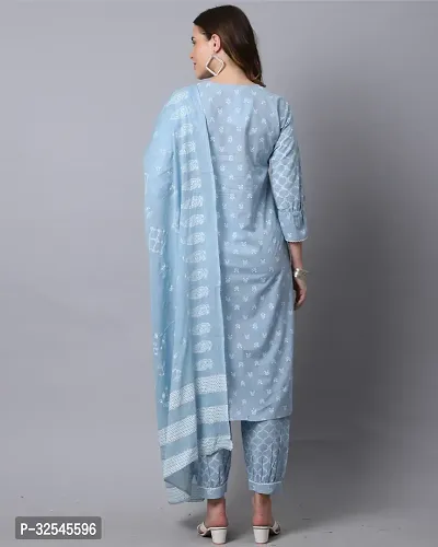 Stylish Blue Cotton Printed Kurta Bottom and Dupatta Set For Women-thumb2