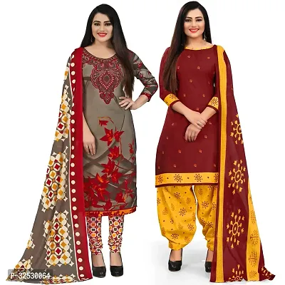 Elegant Multicoloured Crepe Printed Dress Material with Dupatta For Women Pack Of 2-thumb0