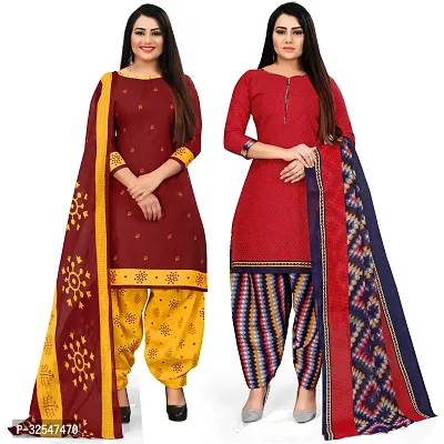 Stylish Multicoloured Cotton Printed Dress Material with Dupatta For Women Pack Of 2-thumb0