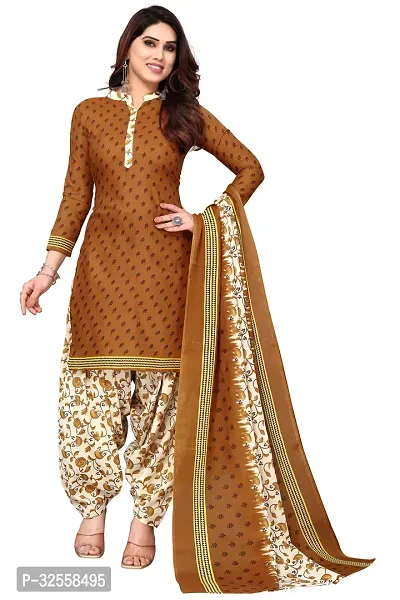 Elegant Brown Cotton Blend Printed Dress Material with Dupatta For Women-thumb0