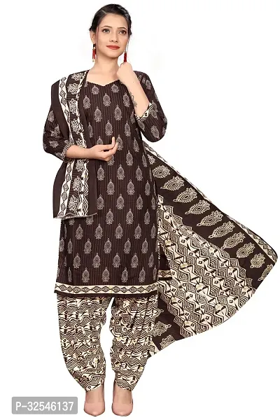 Stylish Brown Cotton Blend Printed Kurta Bottom and Dupatta Set For Women-thumb0