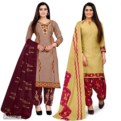 Stylish Multicoloured Cotton Printed Dress Material with Dupatta For Women Pack Of 2