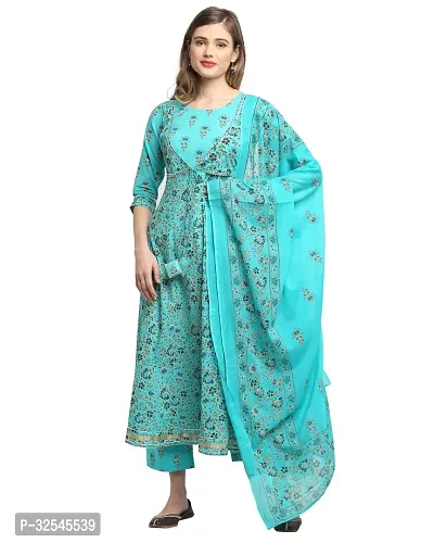 Stylish Blue Cotton Printed Kurta Bottom and Dupatta Set For Women