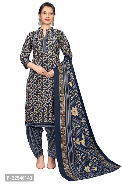 Stylish Navy Blue Cotton Blend Printed Kurta Bottom and Dupatta Set For Women-thumb0