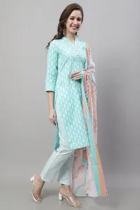 Stylish Green Cotton Printed Kurta Bottom and Dupatta Set For Women-thumb2