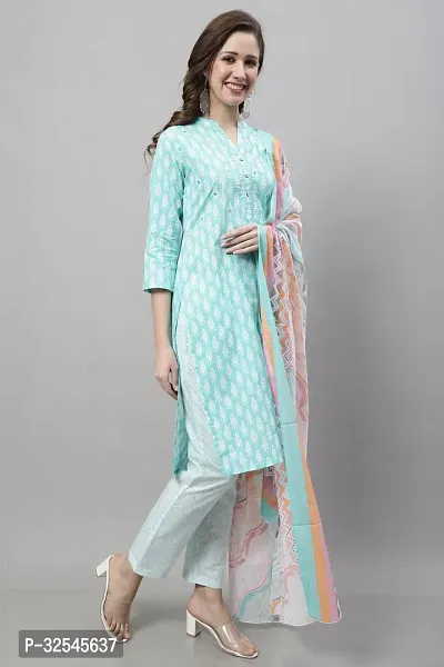 Stylish Green Cotton Printed Kurta Bottom and Dupatta Set For Women-thumb3