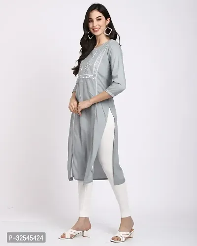 Stylish Grey Rayon Slub Embroidered Kurta For Women-thumb5