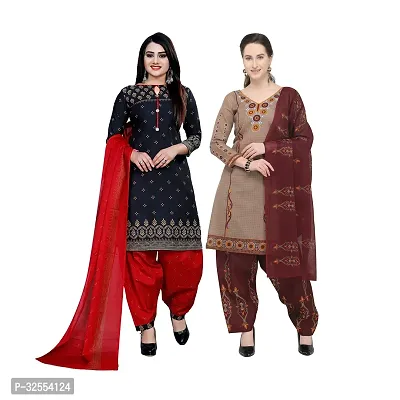 Designer Multicoloured Cotton Unstitched Dress Material Top With Bottom Wear And Dupatta Set For Women Pack Of 2-thumb0