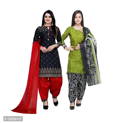 Designer Multicoloured Cotton Unstitched Dress Material Top With Bottom Wear And Dupatta Set For Women Pack Of 2-thumb0