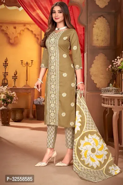 Elegant Beige Cotton Blend Printed Dress Material with Dupatta For Women-thumb4