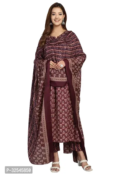 Stylish Multicoloured Cotton Blend Printed Kurta Bottom and Dupatta Set For Women-thumb0