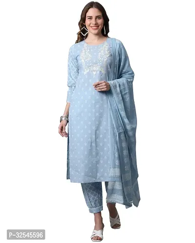 Stylish Blue Cotton Printed Kurta Bottom and Dupatta Set For Women-thumb0