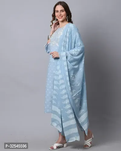 Stylish Blue Cotton Printed Kurta Bottom and Dupatta Set For Women-thumb3