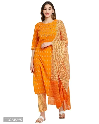 Stylish Orange Cotton Embroidered Kurta Bottom and Dupatta Set For Women