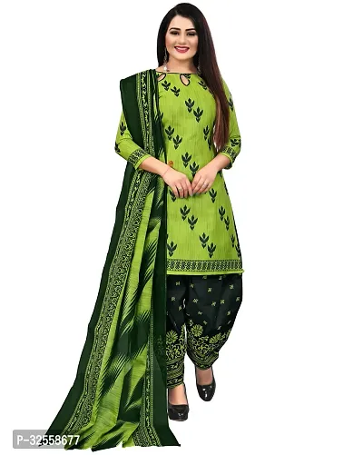 Elegant Green Cotton Blend Printed Dress Material with Dupatta For Women-thumb0