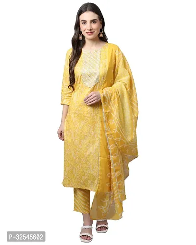 Stylish Mustard Cotton Printed Kurta Bottom and Dupatta Set For Women-thumb0