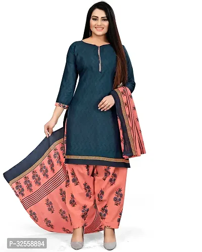 Elegant Navy Blue Cotton Blend Printed Dress Material with Dupatta For Women-thumb0