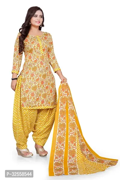 Elegant Yellow Cotton Blend Printed Dress Material with Dupatta For Women-thumb2