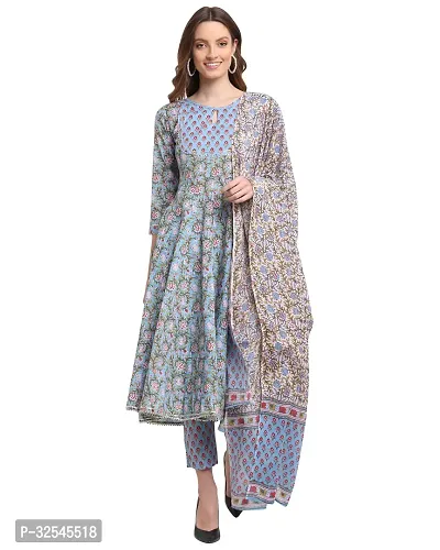 Stylish Blue Cotton Printed Kurta Bottom and Dupatta Set For Women