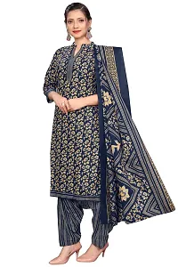 Stylish Navy Blue Cotton Blend Printed Kurta Bottom and Dupatta Set For Women-thumb2