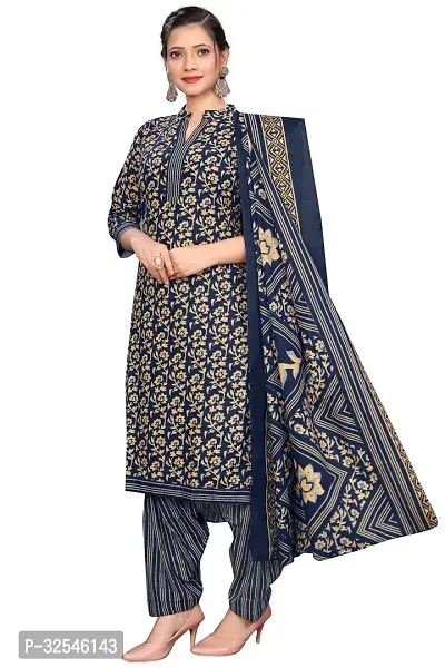 Stylish Navy Blue Cotton Blend Printed Kurta Bottom and Dupatta Set For Women-thumb3