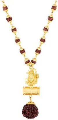 Religious Jewelry Loard Shiv Mahakal Locket With Puchmukhi Rudraksha Mala (8MM Beads) Gold-plated Plated Wood Chain Wood Chain-thumb1