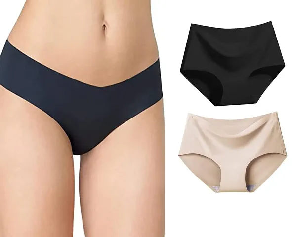 Sassyvilla Women's Seamless Panties for Girls No Show V Shape Skin Blue Black Pink Ice Silk Panty for Women Combo Underwear Pack of 2