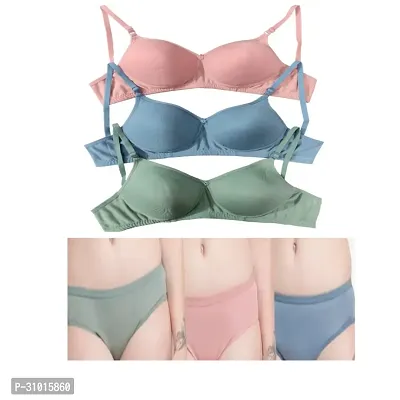 Stylish Multicoloured Cotton Solid Bra and Panty Set for Women Pack of 3-thumb0