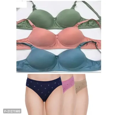 Stylish Multicoloured Cotton Solid Bra and Panty Set for Women Pack of 3