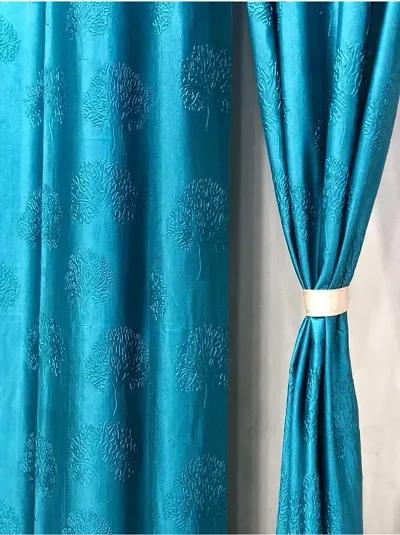 Harshika Home Furnishing Long Crush Fabric Punching Tree Design 4 x 7 Feet Door Curtains Aqua Colour Set of 2 Pecs