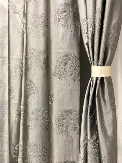 Harshika Home Furnishing Long Crush Tree Design Punching 9ft Long Door Curtains,Grey Colour-Set of 2 pecs