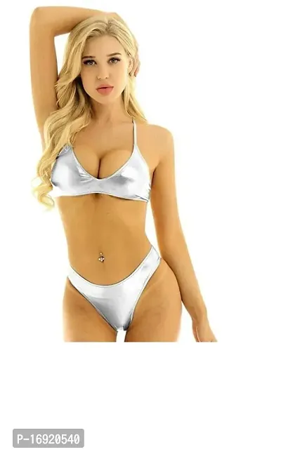 Stylish Silver Solid Polyester Spandex Bra  Panty Set For Women-thumb0