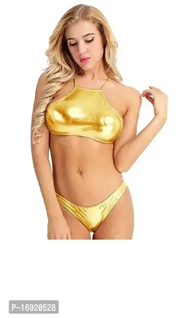 Stylish Golden Solid Polyester Spandex Bra  Panty Set For Women-thumb0