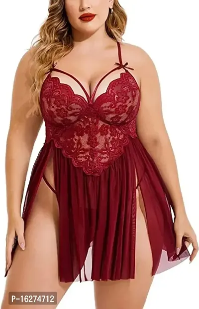 DVKA CREATIONS Women's Lace Plus Size Babydoll Lingerie with Matching G String Panty-thumb2