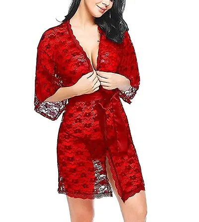 poksi Women red Teddy Lace Babydoll/Gown/Dress with Panty red Color Free Size