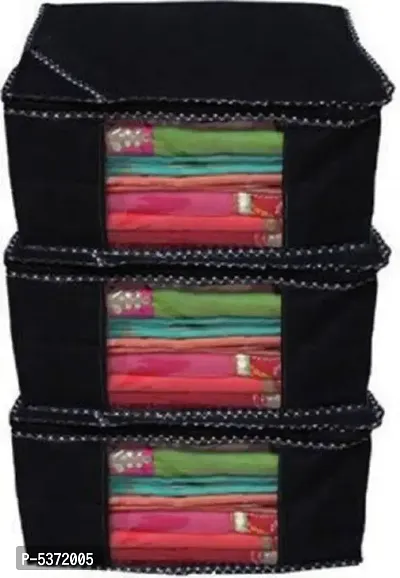 Pack of 3 Non Woven 10inch Designer Height Saree Cover,storage bag,(black)-thumb0