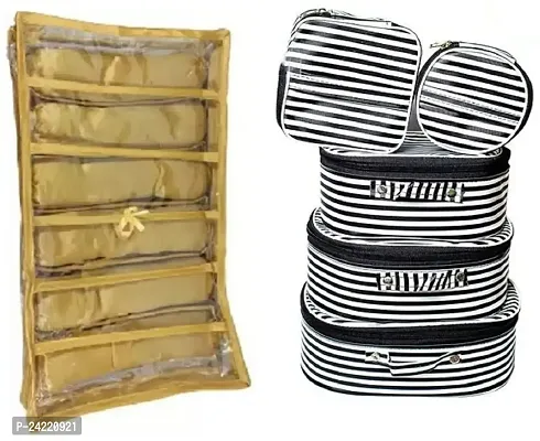 ultimatefashionista Combo of 2 Pieces Set of 5 kit Storage 6 Rods Satin Vanity Box Makeup Kit Box Jewellery Organizer, Multipurpose Kit, Travelling Bag Vanity Box (Gold,Black)